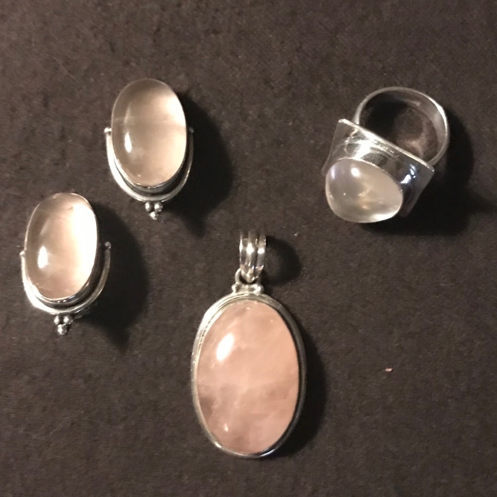 Rose Quartz pendant, earrings & ring